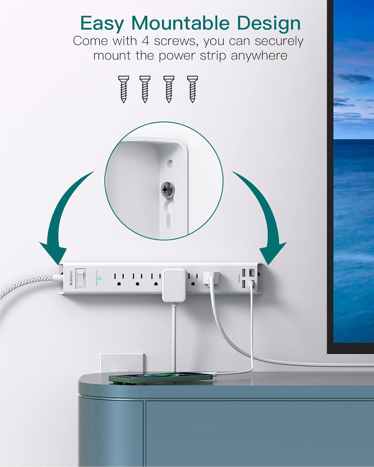 Extension Cord 10 ft - Long Power Strip Surge Protector, 6 AC Outlet 4 USB (2 USB C), Flat Plug, Wall Mount
