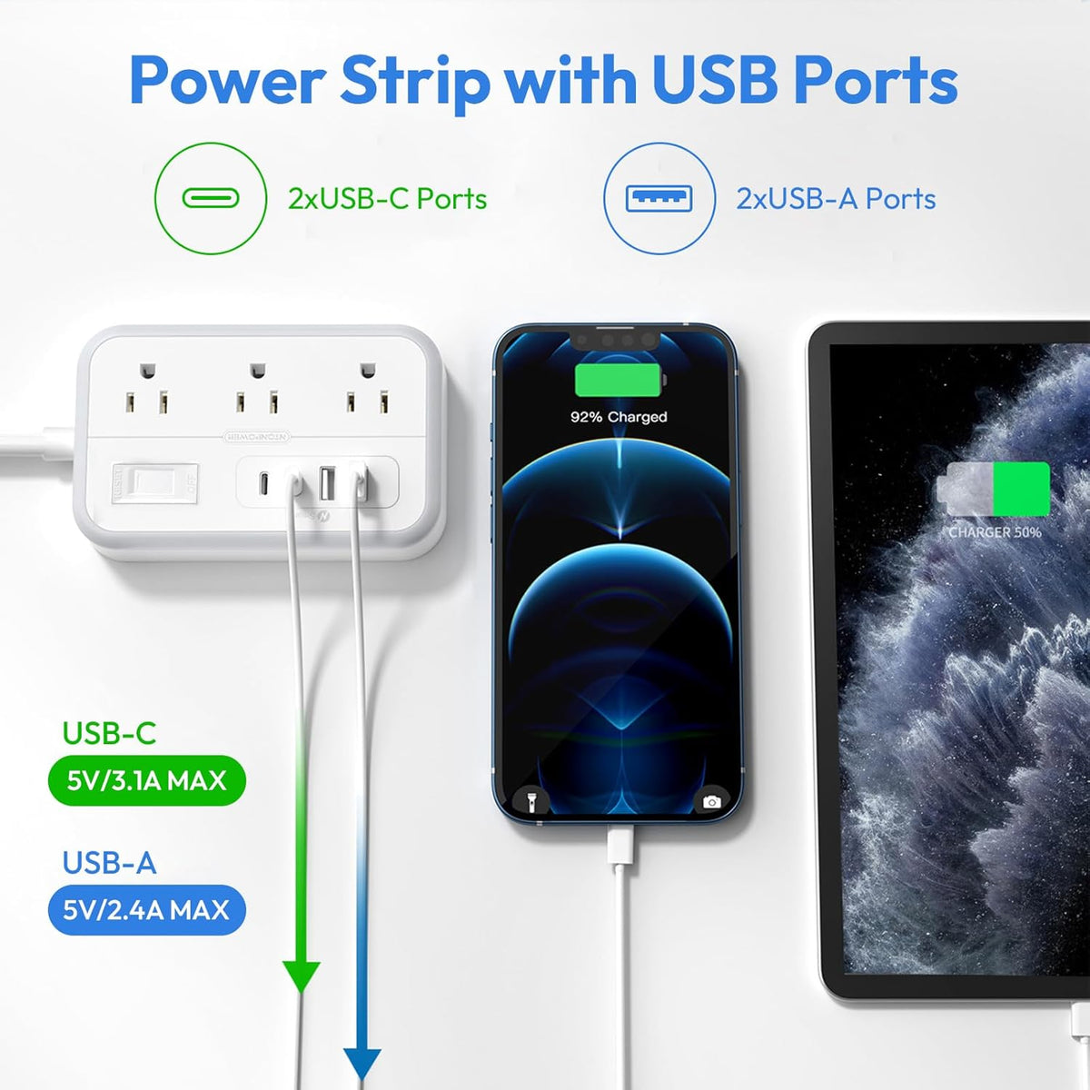 Extension Cord 15 ft, Power Strip with 6 Outlets 4 USB Charger(2 USB C Port), Flat Plug Outlet Extender Long Cord, Protection for Indoor, Home