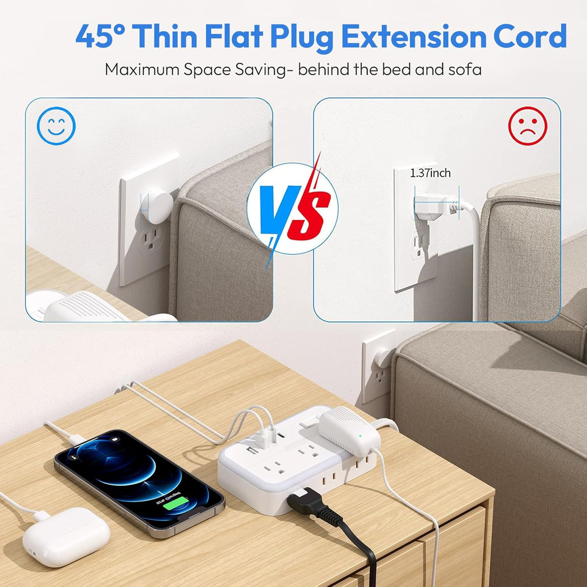 Extension Cord 15 ft, Power Strip with 6 Outlets 4 USB Charger(2 USB C Port), Flat Plug Outlet Extender Long Cord, Protection for Indoor, Home