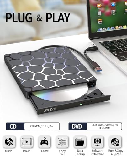 External CD DVD Drive, 8 in 1 USB 3.0 and Type-C Disc Reader Writer Burner Player, Slim and Portable CD DVD +/-RW Optical Drive