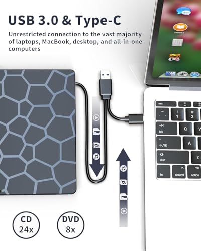 External CD DVD Drive, 8 in 1 USB 3.0 and Type-C Disc Reader Writer Burner Player, Slim and Portable CD DVD +/-RW Optical Drive
