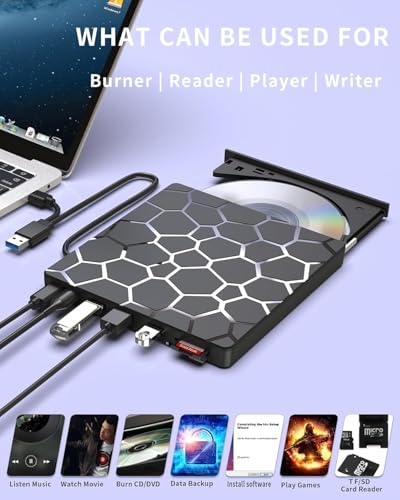 External CD DVD Drive, 8 in 1 USB 3.0 and Type-C Disc Reader Writer Burner Player, Slim and Portable CD DVD +/-RW Optical Drive