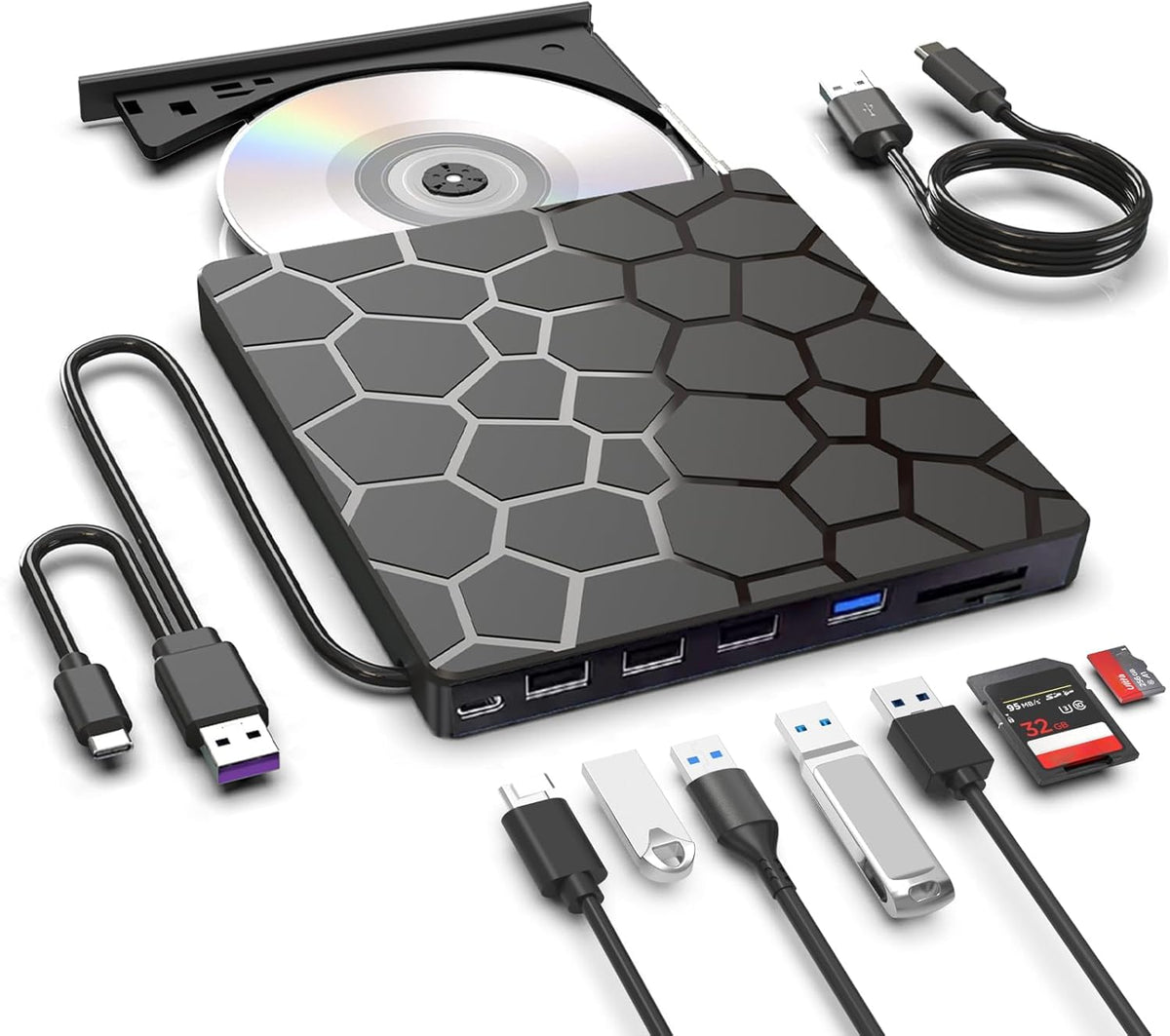 External CD DVD Drive, 8 in 1 USB 3.0 and Type-C Disc Reader Writer Burner Player, Slim and Portable CD DVD +/-RW Optical Drive