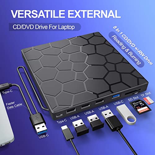 External CD/DVD Drive for Laptop, DVD Player for Laptop, 8 in 1 USB 3.0 Ultra-Slim Portable, CD Burner External Disk Drive Optical