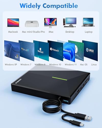 External CD/DVD Drive for Laptop, USB 3.0 DVD Player with 4 USB Ports & 2 TF/SD Card Slots, Portable CD/DVD +/-RW Drive Burner Reader Writer