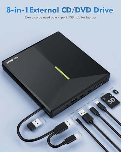 External CD/DVD Drive for Laptop, USB 3.0 DVD Player with 4 USB Ports & 2 TF/SD Card Slots, Portable CD/DVD +/-RW Drive Burner Reader Writer