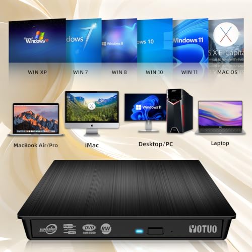 External CD/DVD Drive, Portable USB 3.0 & USB-C CD RW Drive, DVD Player, DVD Burner for Laptop, Desktop, Compatible with Windows 7/8/10/11, Mac