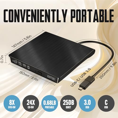 External CD/DVD Drive, Portable USB 3.0 & USB-C CD RW Drive, DVD Player, DVD Burner for Laptop, Desktop, Compatible with Windows 7/8/10/11, Mac