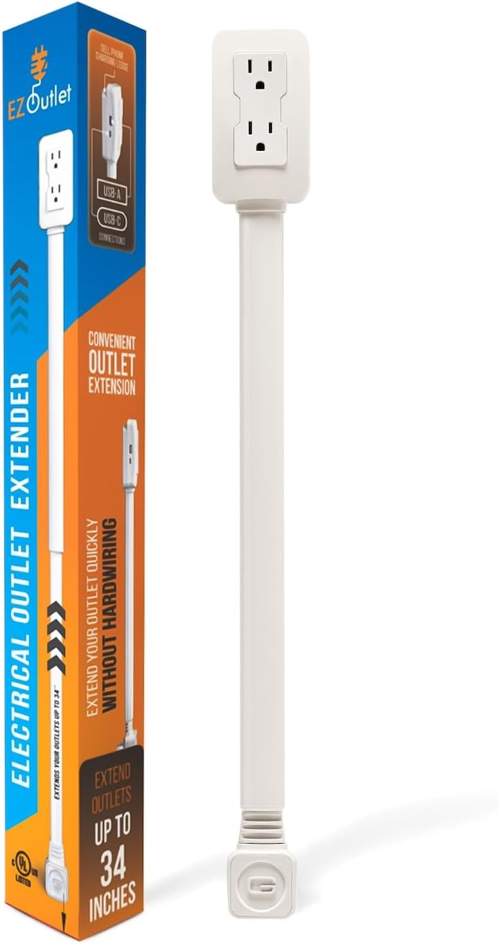 EZ Outlet Electrical Outlet Extender. Access Hard-to-Reach Outlets! Features USB-A, USB-C, and 2 AC Outlets, Extends 22"-34"