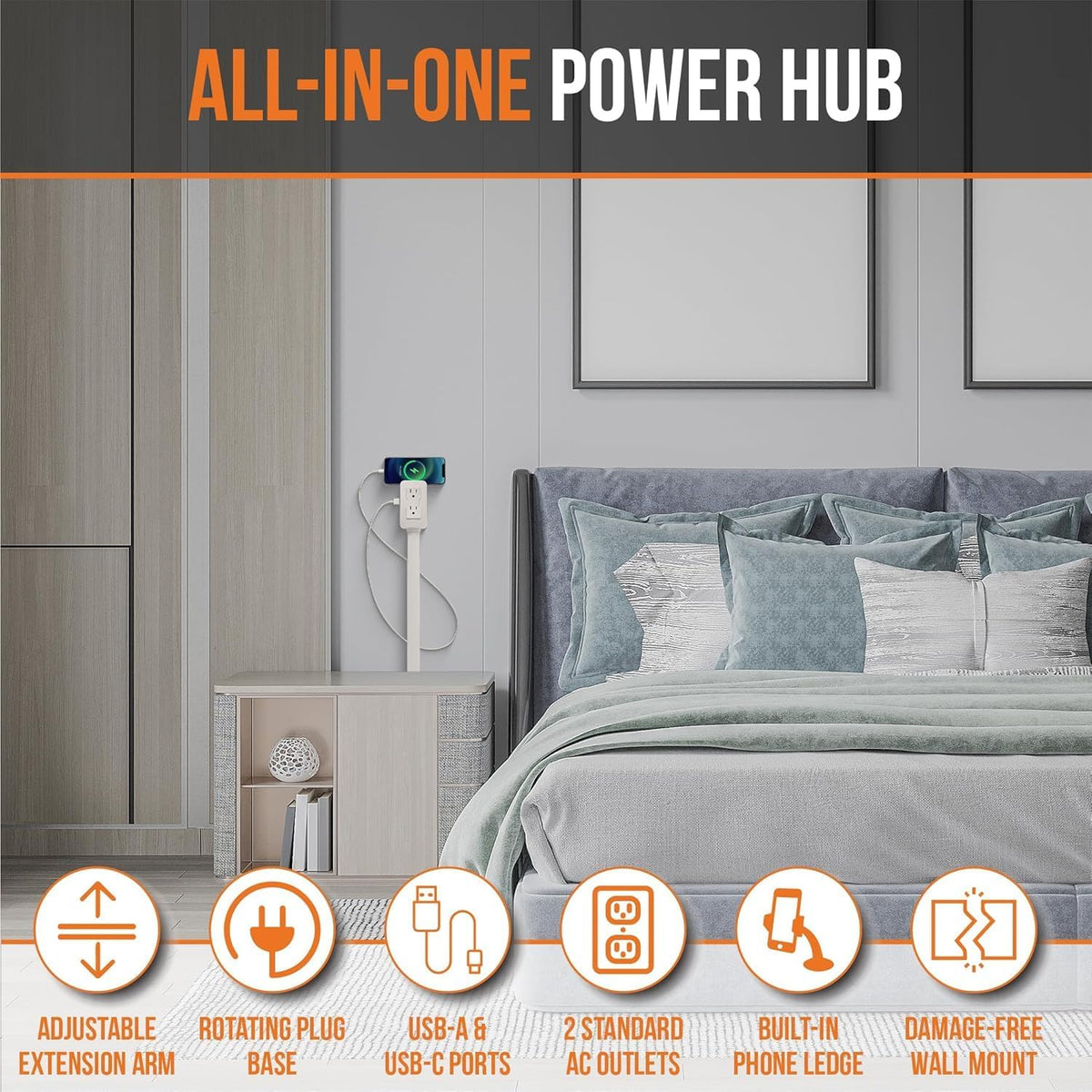 EZ Outlet Electrical Outlet Extender. Access Hard-to-Reach Outlets! Features USB-A, USB-C, and 2 AC Outlets, Extends 22"-34"