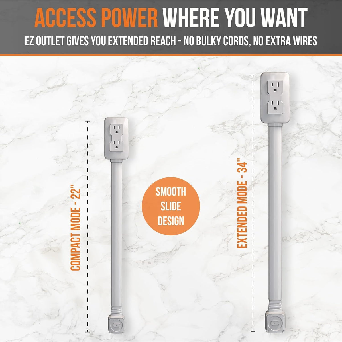 EZ Outlet Electrical Outlet Extender. Access Hard-to-Reach Outlets! Features USB-A, USB-C, and 2 AC Outlets, Extends 22"-34"