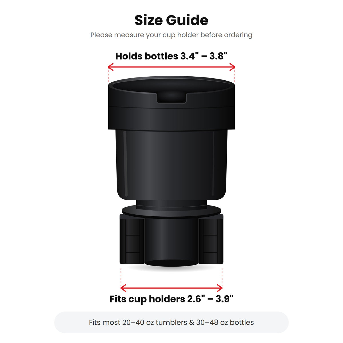 Car Cup Holder Expander – Fits 3.4–3.8" Large Bottles, Adjustable Base, Black