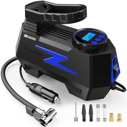 FADAKWALT Tire Inflator Portable Air Compressor, DC 12V Tire Air Pump with LED and 150PSI Digital Pressure Gauge, Portable Tire Inflator (Blue)