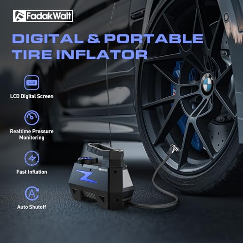 FADAKWALT Tire Inflator Portable Air Compressor, DC 12V Tire Air Pump with LED and 150PSI Digital Pressure Gauge, Portable Tire Inflator (Blue)
