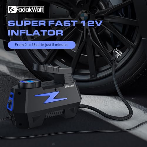 FADAKWALT Tire Inflator Portable Air Compressor, DC 12V Tire Air Pump with LED and 150PSI Digital Pressure Gauge, Portable Tire Inflator (Blue)