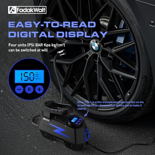 FADAKWALT Tire Inflator Portable Air Compressor, DC 12V Tire Air Pump with LED and 150PSI Digital Pressure Gauge, Portable Tire Inflator (Blue)