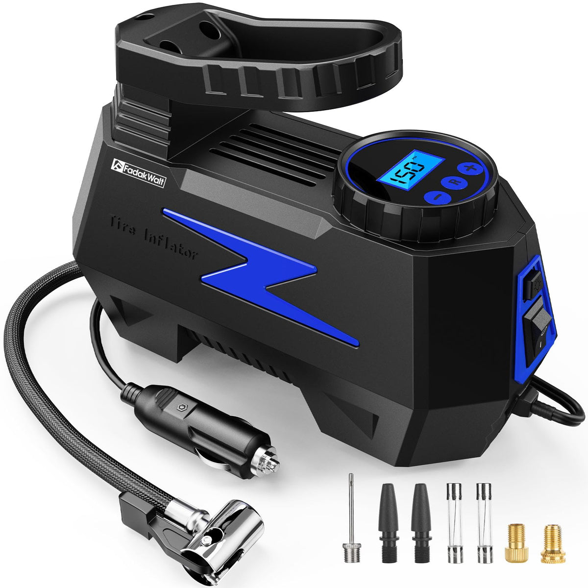 FADAKWALT Tire Inflator Portable Air Compressor, DC 12V Tire Air Pump with LED and 150PSI Digital Pressure Gauge, Portable Tire Inflator (Blue)
