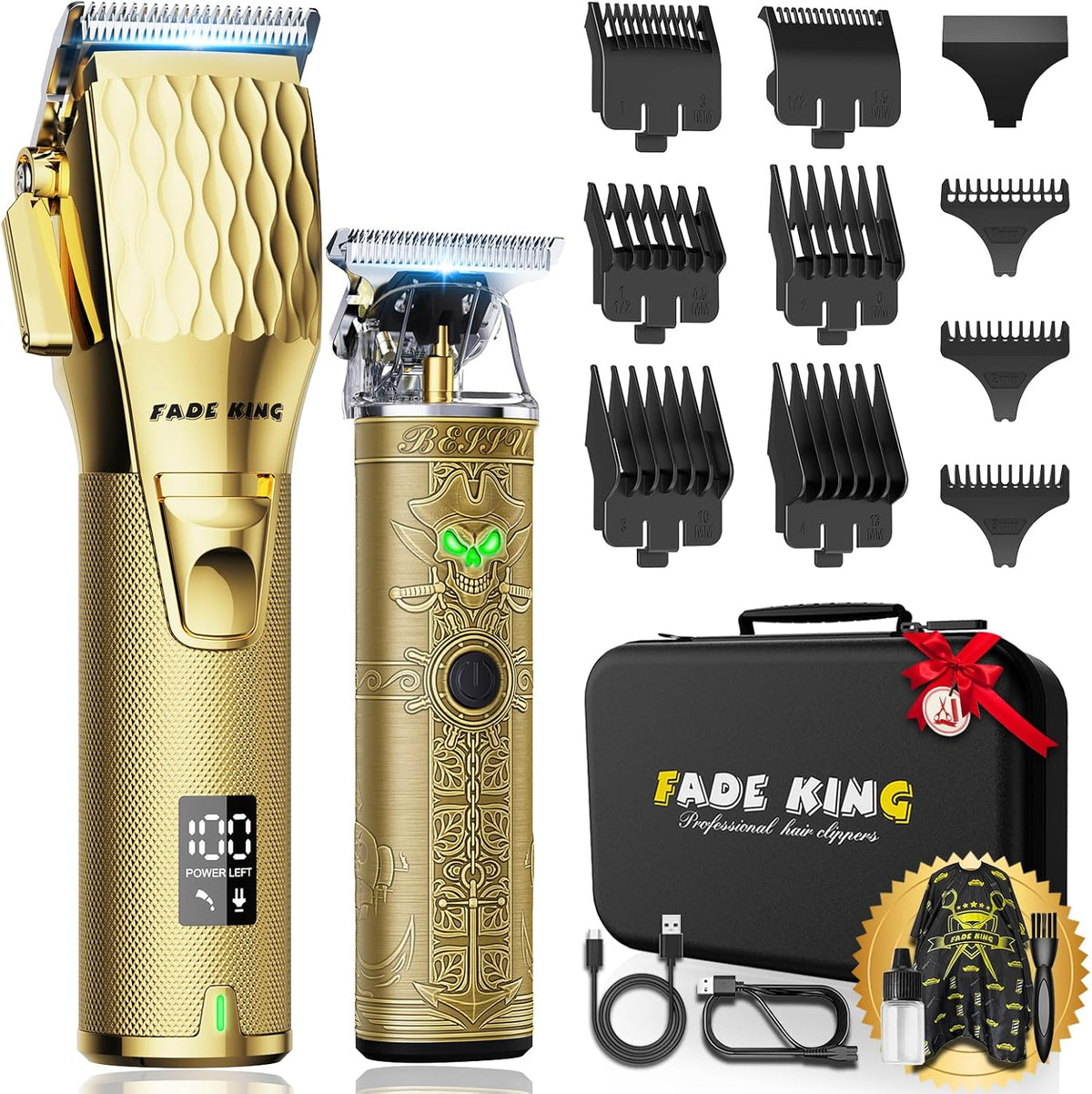 FADEKING Professional Hair Clippers & Beard Trimmer Set for Men - Cordless Barber Clippers with LCD Display (Gold + Bronze)
