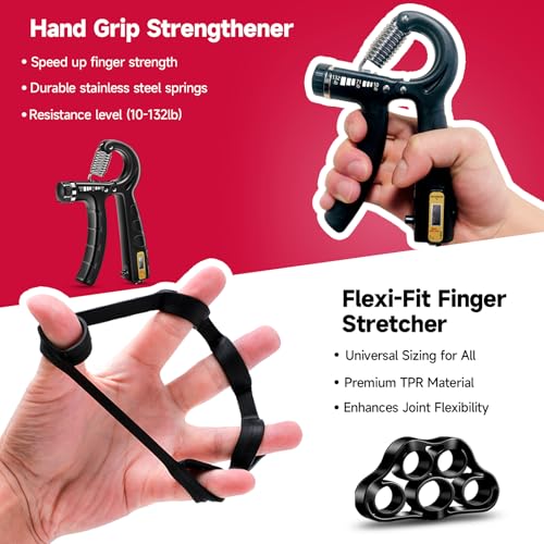 FitBeast Hand Grip Strengthener Workout Kit (5 Pack), 2 Forearm Grip Adjustable Resistance Hand Gripper, Finger Stretcher