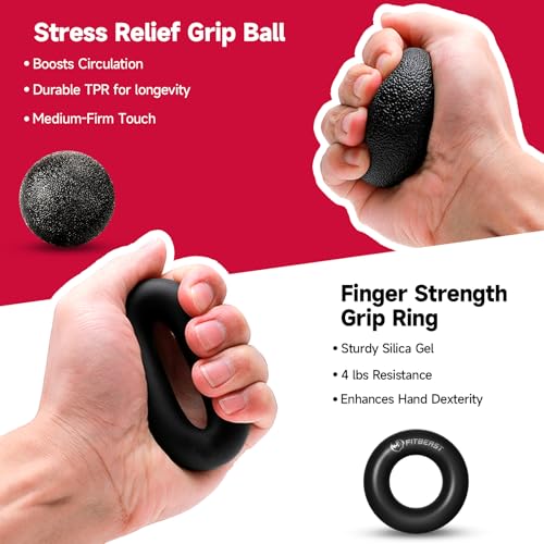 FitBeast Hand Grip Strengthener Workout Kit (5 Pack), 2 Forearm Grip Adjustable Resistance Hand Gripper, Finger Stretcher