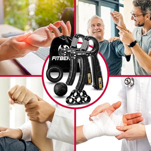 FitBeast Hand Grip Strengthener Workout Kit (5 Pack), 2 Forearm Grip Adjustable Resistance Hand Gripper, Finger Stretcher