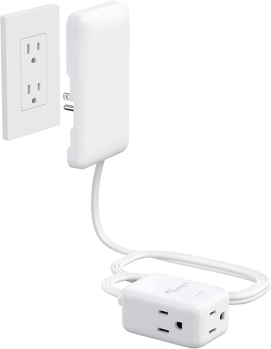 Flat Extension Cord with 3 Outlets, 3FT Short Extension Cord Flat Wall Plug & Ultra-Thin Outlet Cover, 900J Surge Protection, 13A/1625W, ETL Listed