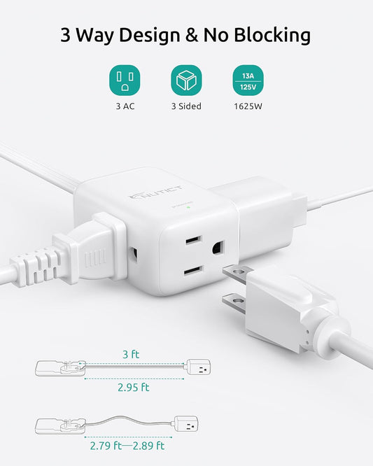 Flat Extension Cord with 3 Outlets, 3FT Short Extension Cord Flat Wall Plug & Ultra-Thin Outlet Cover, 900J Surge Protection, 13A/1625W, ETL Listed