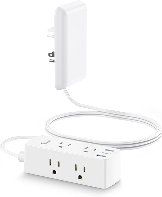 Flat Extension Cord with Outlet Cover, Flat Plug Power Strip with 6 Outlets and 3 USB Ports, 2000 Joules Surge Protector (White)