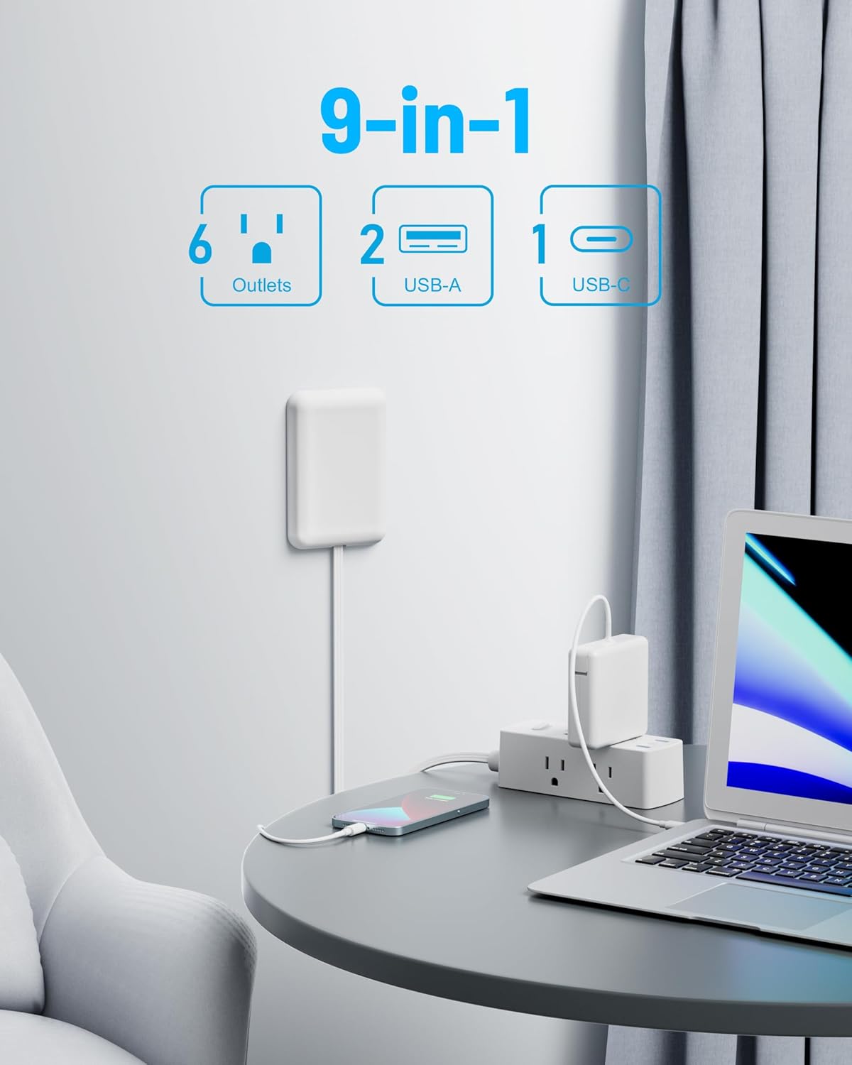 Flat Extension Cord with Outlet Cover, Flat Plug Power Strip with 6 Outlets and 3 USB Ports, 2000 Joules Surge Protector (White)