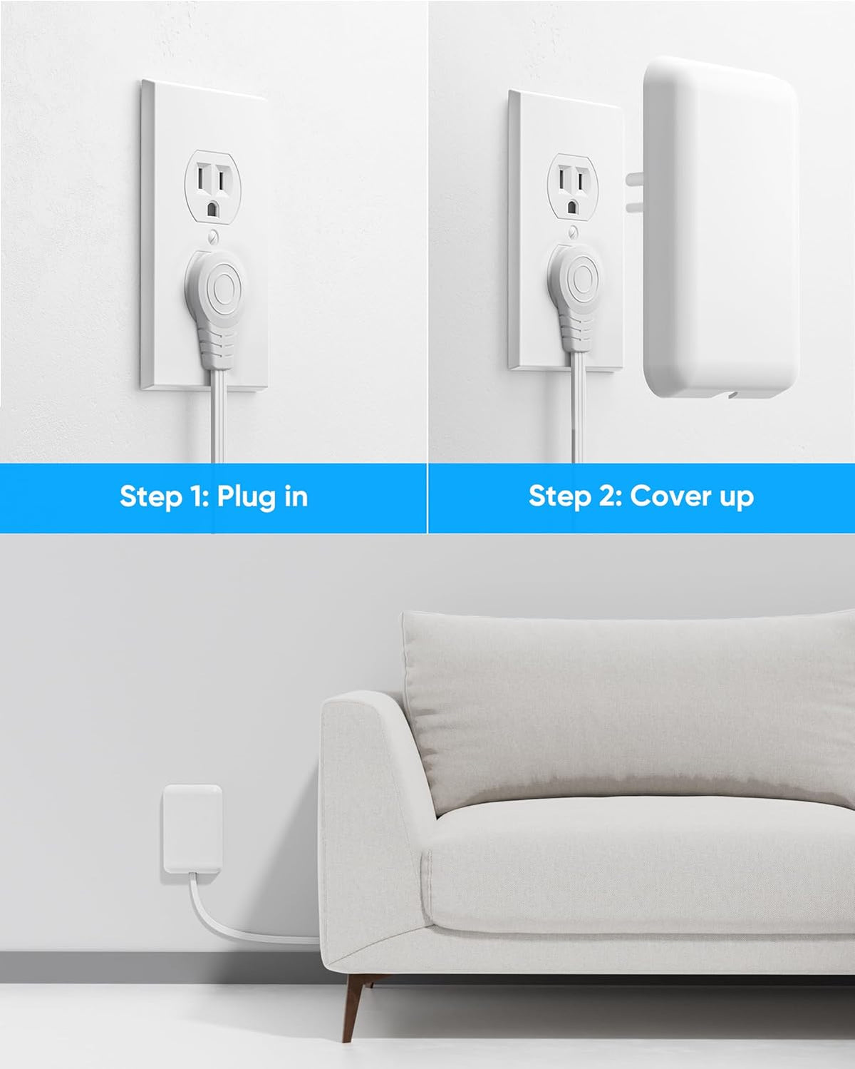 Flat Extension Cord with Outlet Cover, Flat Plug Power Strip with 6 Outlets and 3 USB Ports, 2000 Joules Surge Protector (White)
