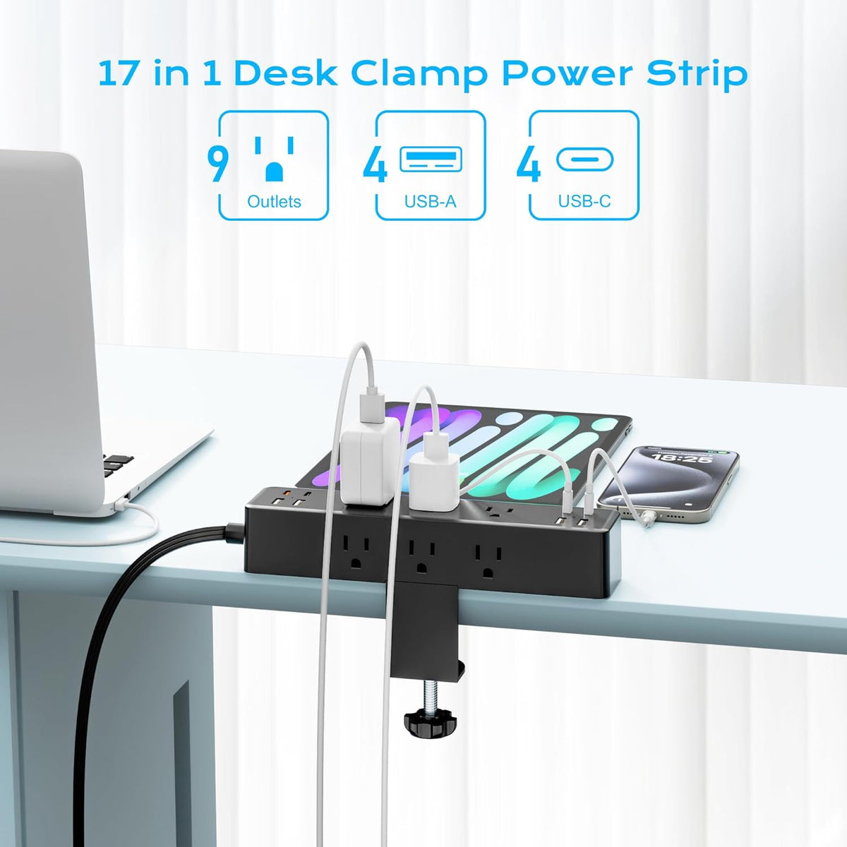Flat Plug Desk Clamp Power Strip 10FT, 40W Total Fast Charging Station, Dual PD 20W USB C Ports, Desk Edge Mount Power Strip 9 AC Outlets 8