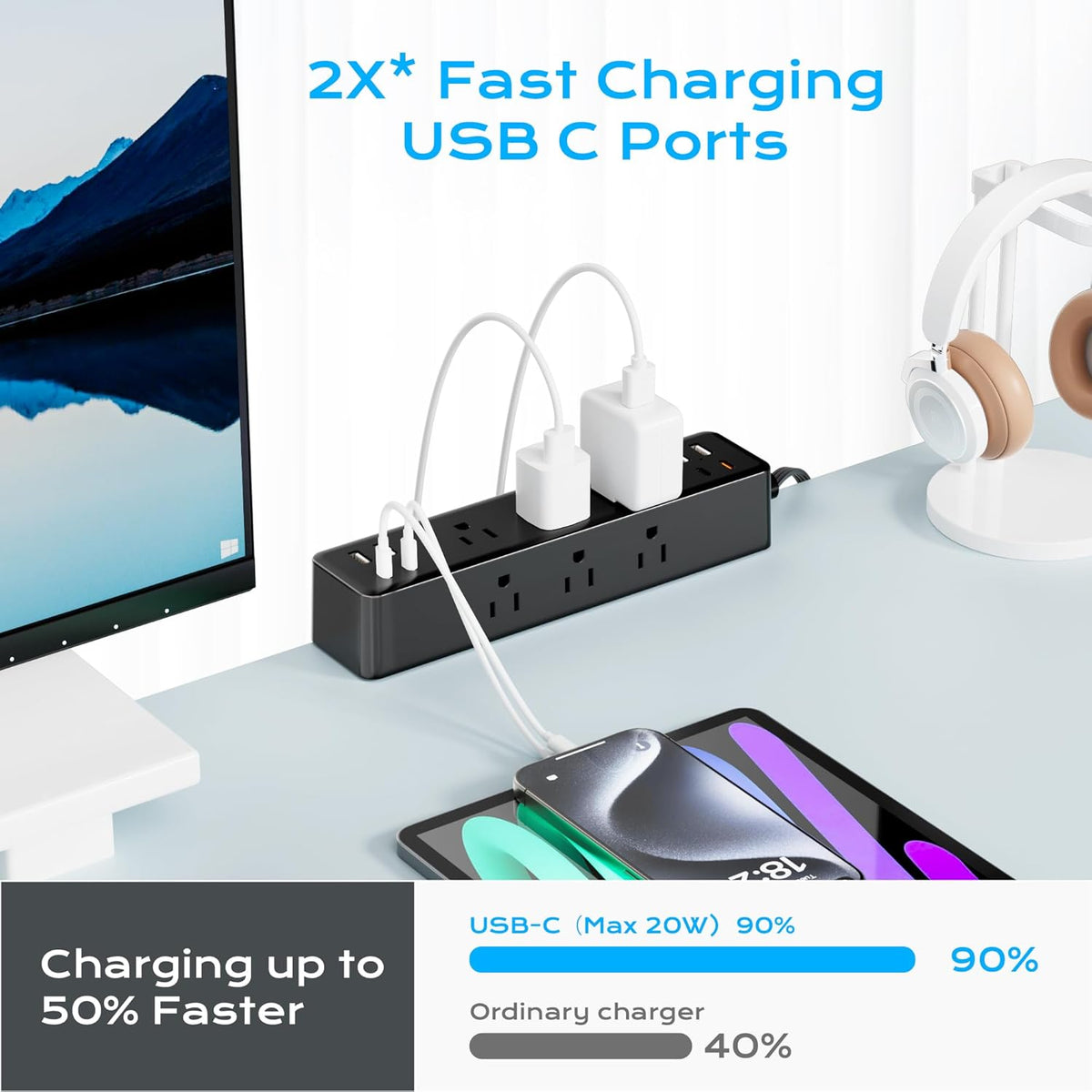 Flat Plug Desk Clamp Power Strip 10FT, 40W Total Fast Charging Station, Dual PD 20W USB C Ports, Desk Edge Mount Power Strip 9 AC Outlets 8