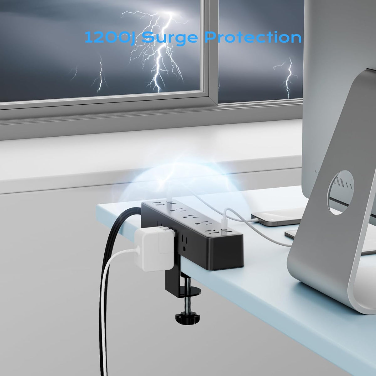 Flat Plug Desk Clamp Power Strip 10FT, 40W Total Fast Charging Station, Dual PD 20W USB C Ports, Desk Edge Mount Power Strip 9 AC Outlets 8