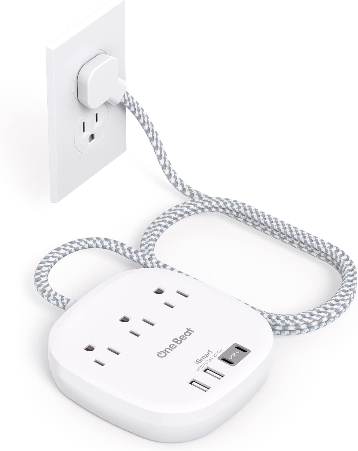 Flat Plug Power Strip, 6ft Ultra Flat Extension Cord - 3 Outlets 4 USB Ports (2 USB C) 22.5W/4.5A Desktop Charging Station