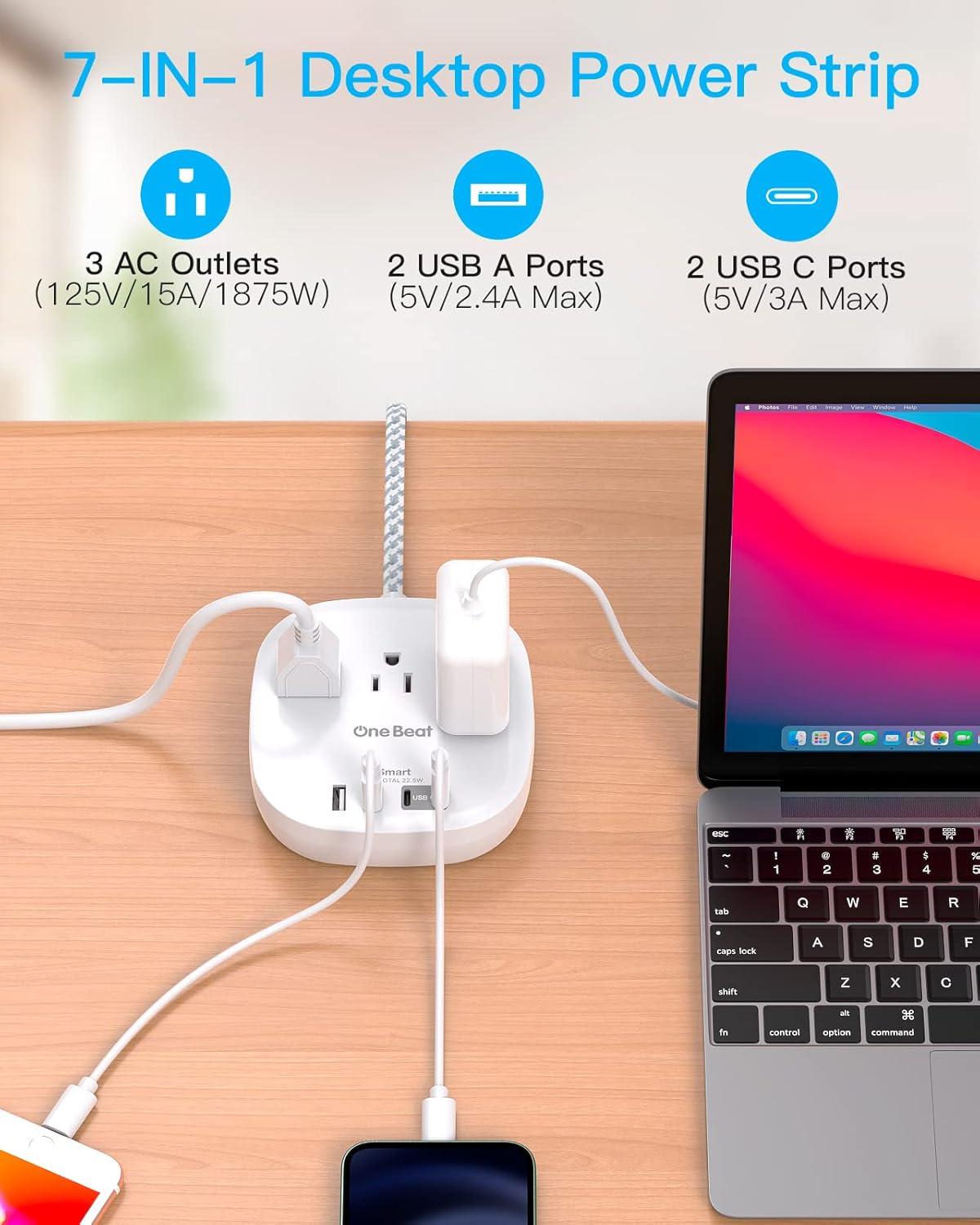 Flat Plug Power Strip, 6ft Ultra Flat Extension Cord - 3 Outlets 4 USB Ports (2 USB C) 22.5W/4.5A Desktop Charging Station