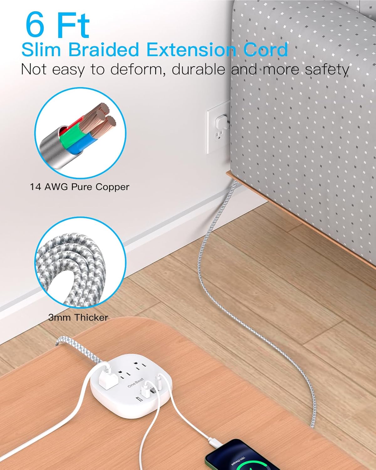Flat Plug Power Strip, 6ft Ultra Flat Extension Cord - 3 Outlets 4 USB Ports (2 USB C) 22.5W/4.5A Desktop Charging Station