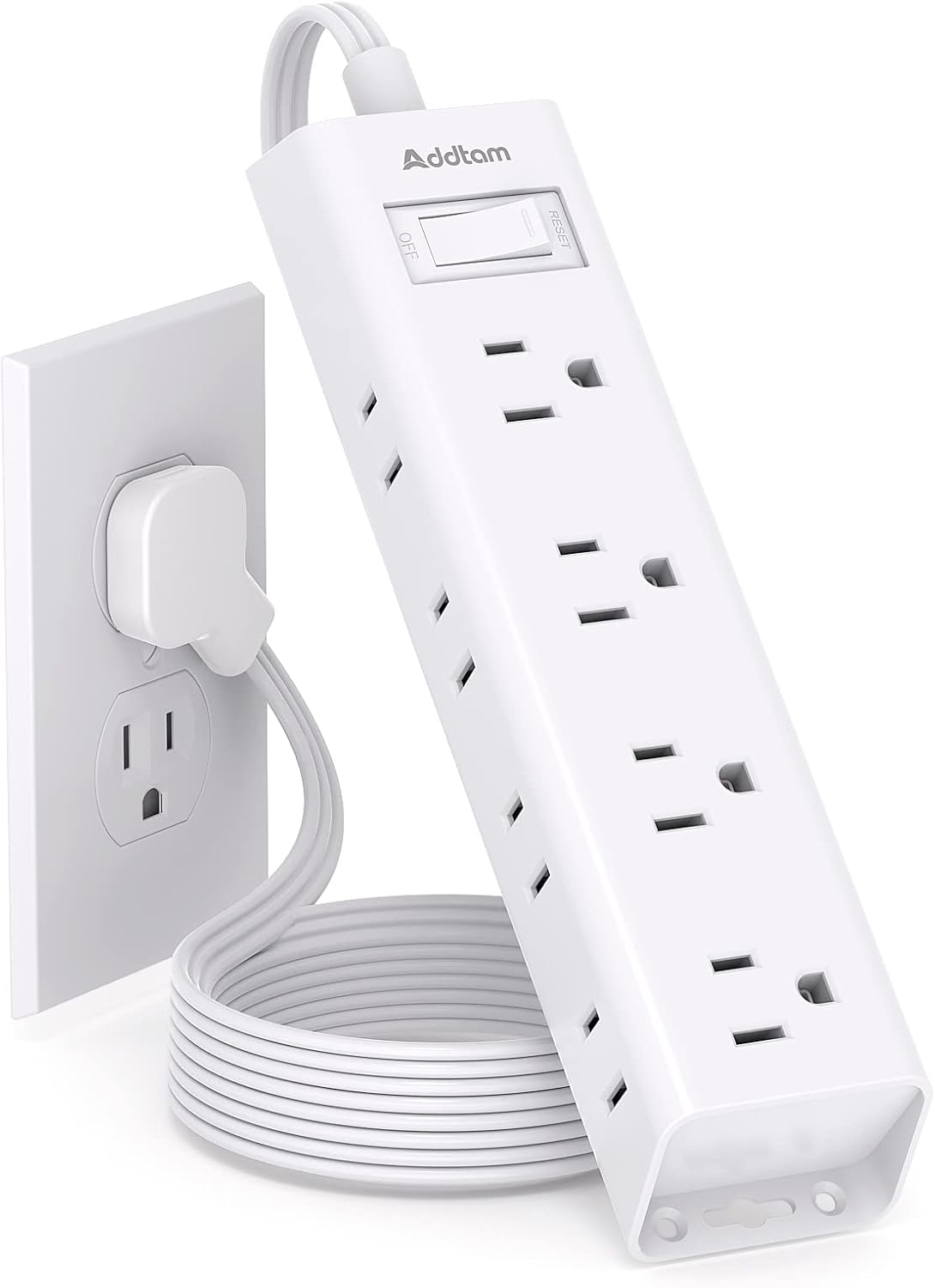 Flat Plug Power Strip, Ultra Thin Flat Extension Cord - Addtam 12 Widely AC 3 Sides Multiple Outlets, 5Ft, 1050J Surge Protector, Wall Mount