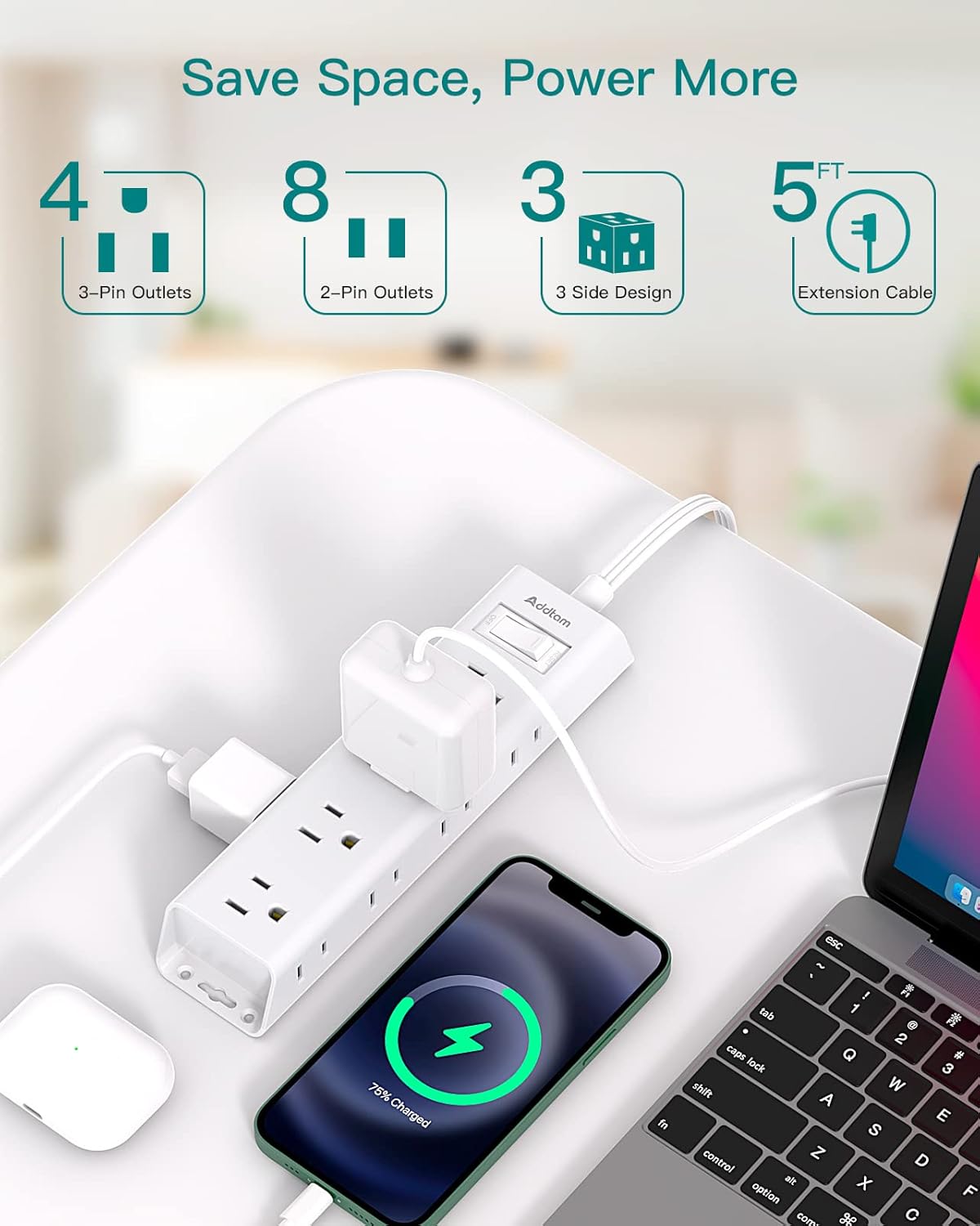 Flat Plug Power Strip, Ultra Thin Flat Extension Cord - Addtam 12 Widely AC 3 Sides Multiple Outlets, 5Ft, 1050J Surge Protector, Wall Mount