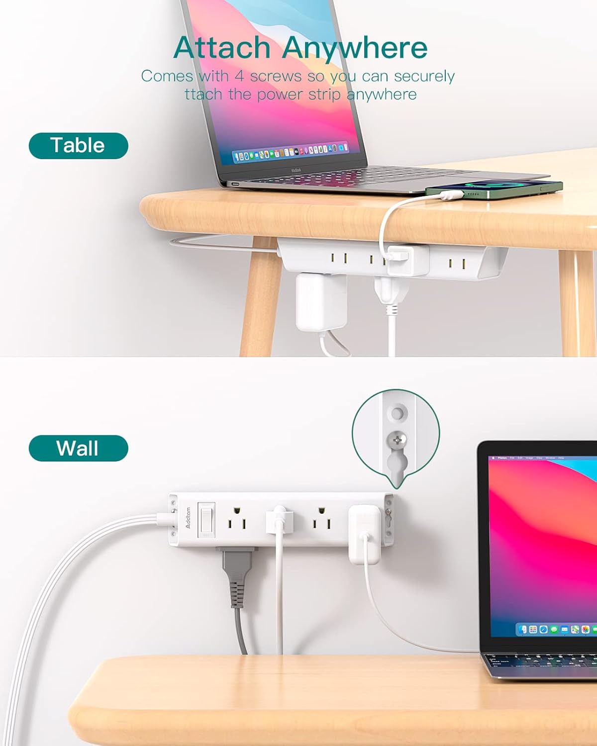 Flat Plug Power Strip, Ultra Thin Flat Extension Cord - Addtam 12 Widely AC 3 Sides Multiple Outlets, 5Ft, 1050J Surge Protector, Wall Mount