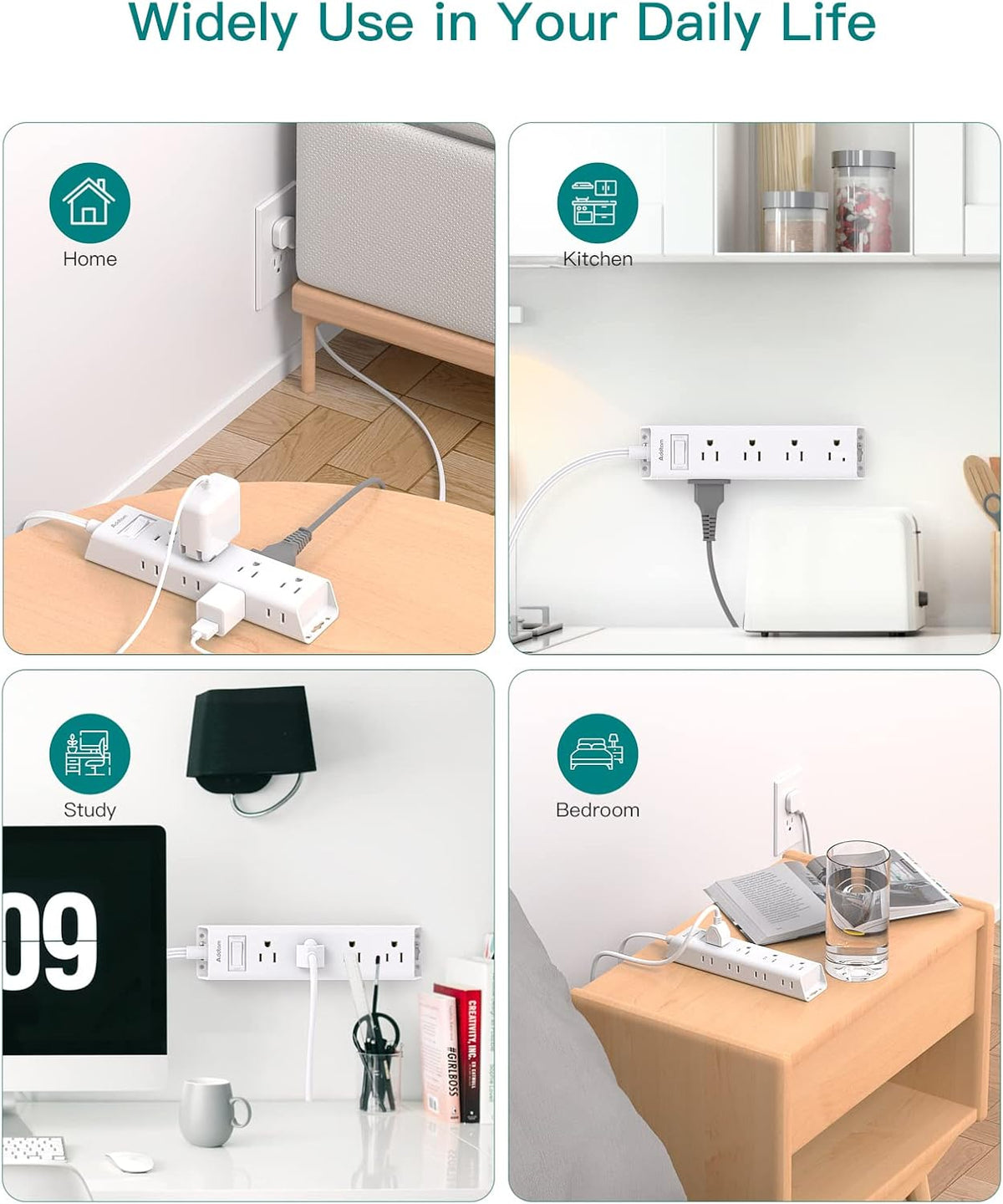 Flat Plug Power Strip, Ultra Thin Flat Extension Cord - Addtam 12 Widely AC 3 Sides Multiple Outlets, 5Ft, 1050J Surge Protector, Wall Mount