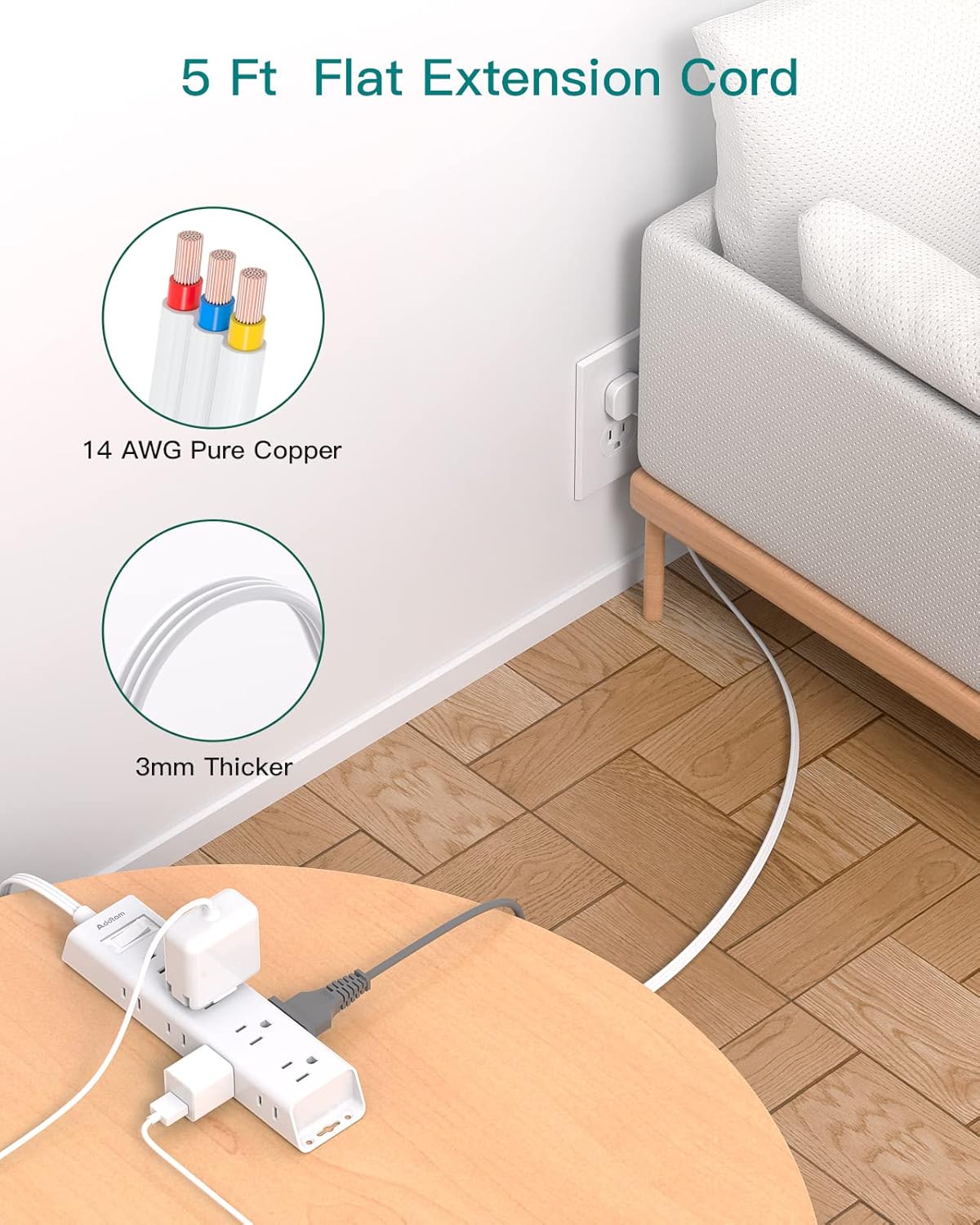 Flat Plug Power Strip, Ultra Thin Flat Extension Cord - Addtam 12 Widely AC 3 Sides Multiple Outlets, 5Ft, 1050J Surge Protector, Wall Mount