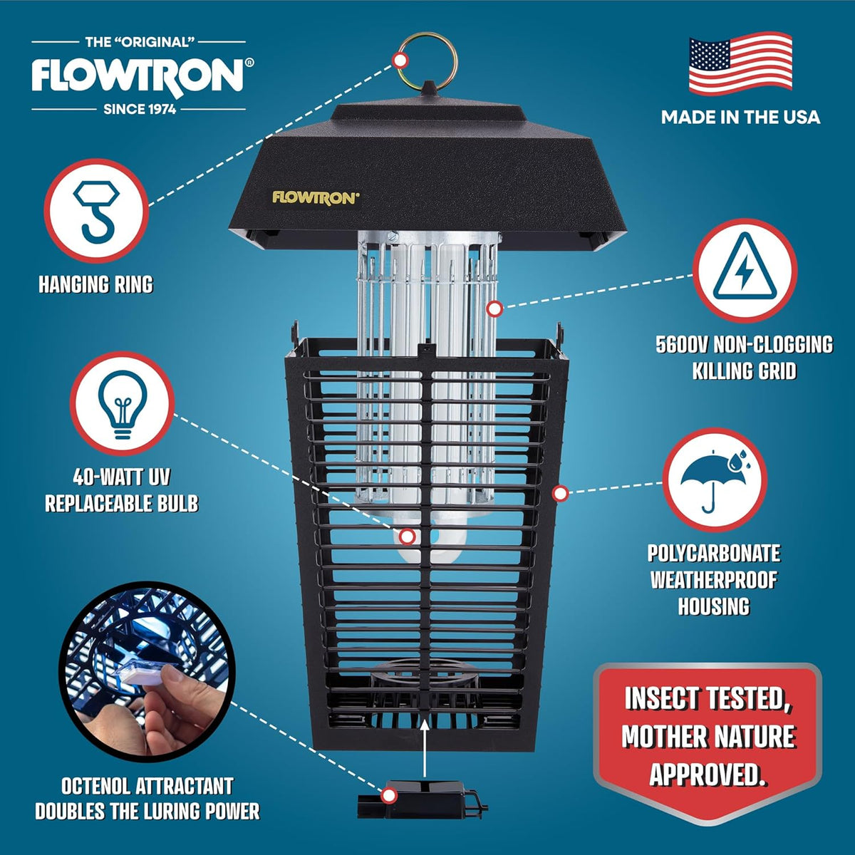 Flowtron Bug Zapper, 1 Acre of Outdoor Coverage with Powerful 40W Bulb & 5600V Instant Killing Grid, Electric Insect, Fly & Mosquito Zapper