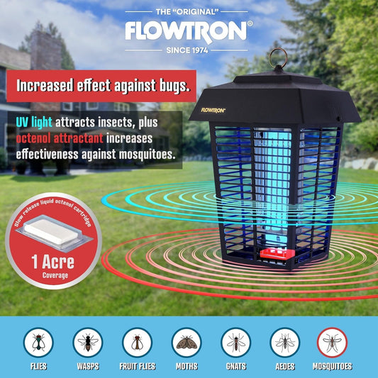 Flowtron Bug Zapper, 1 Acre of Outdoor Coverage with Powerful 40W Bulb & 5600V Instant Killing Grid, Electric Insect, Fly & Mosquito Zapper