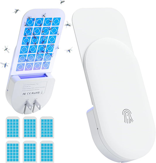 Flying Insect Trap, 2 in 1 Indoor Plug-in Fruit Fly Trap, 1 Trap White and 6 Glue Cards, Fruit Fly Traps for Gnat, Moth, Mosquito