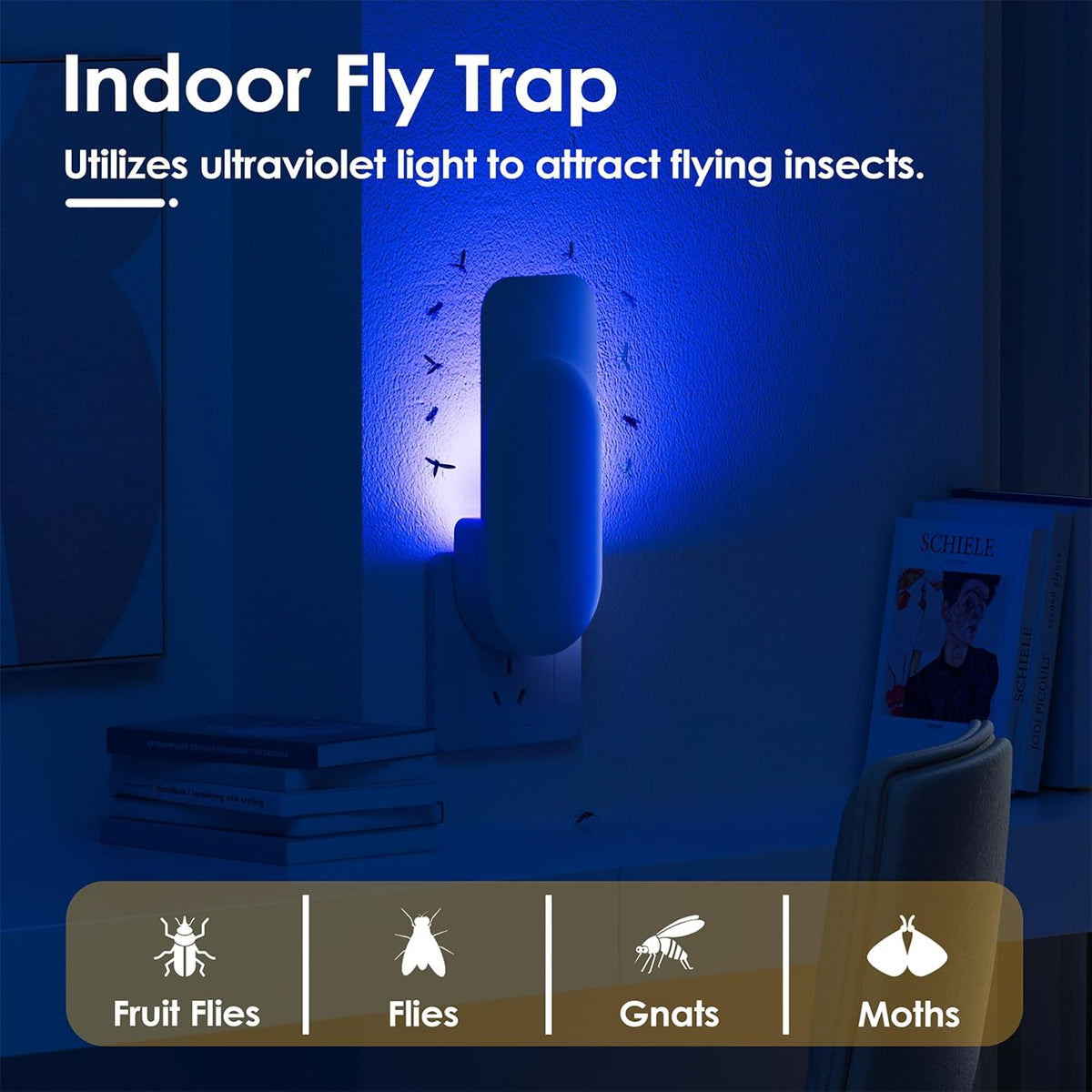 Flying Insect Trap, 2 in 1 Indoor Plug-in Fruit Fly Trap, 1 Trap White and 6 Glue Cards, Fruit Fly Traps for Gnat, Moth, Mosquito