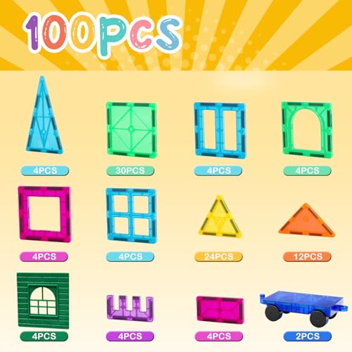 FNJO Magnetic Tiles, 100PCS Building Blocks, STEM Magnets Building Toy Set, Preschool Kindergarten Construction Stacking Toy, School Teacher Supplies
