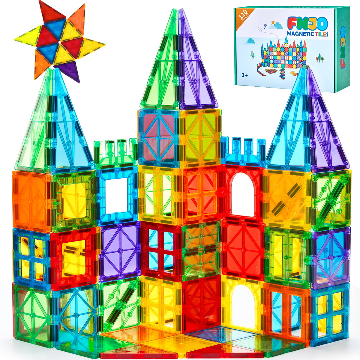 FNJO Magnetic Tiles, 110PCS Magnet Building Set, Magnetic Building Blocks, Construction STEM Learning and Playing Toys for Kids