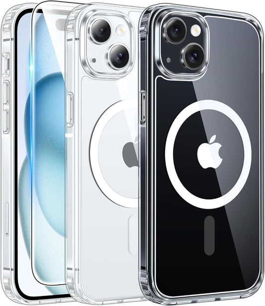 FNTCASE for iPhone 15 Case Clear, iPhone 14/13 Case Magnetic Phone Cases with Screen Protector (A-Clear)