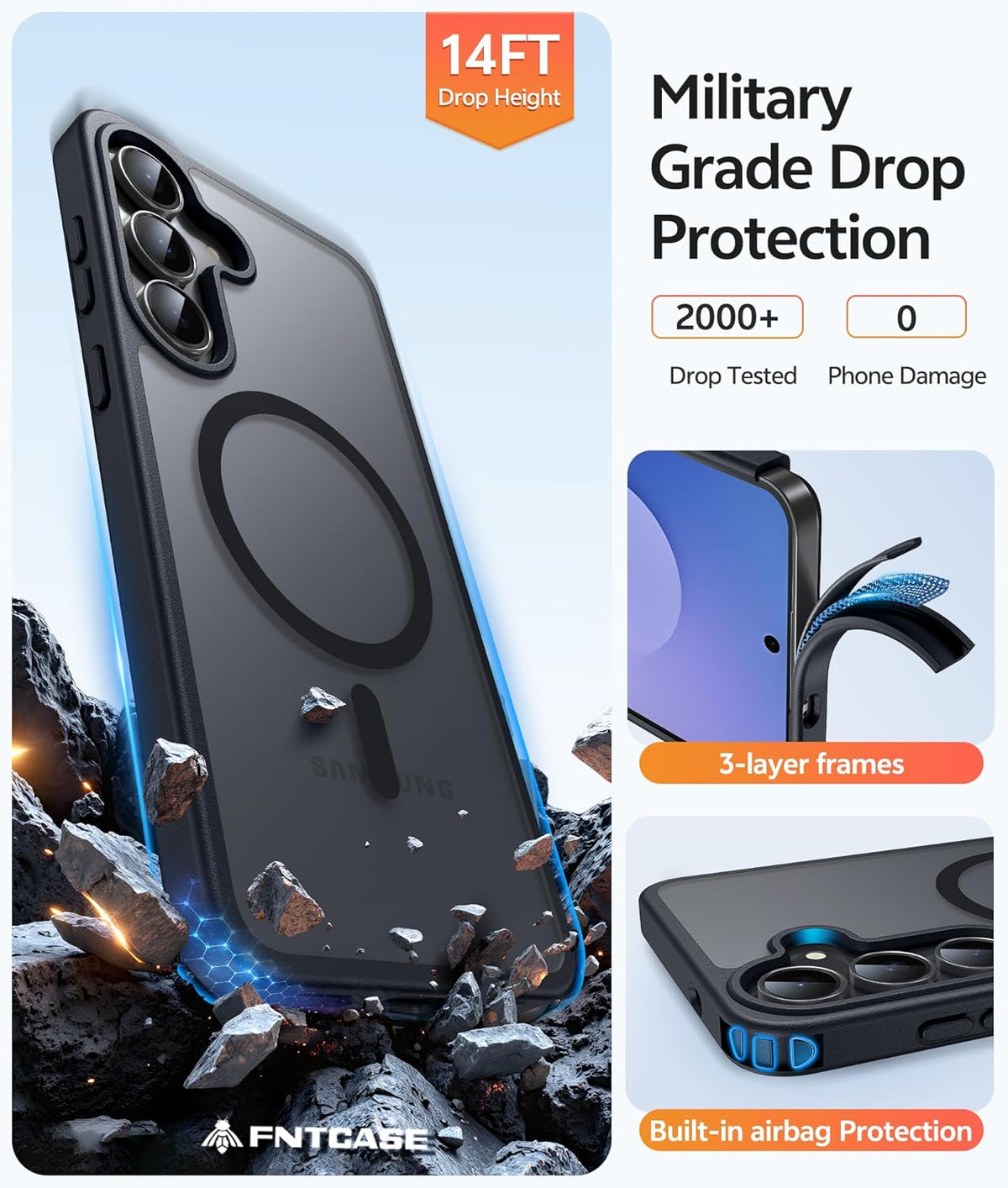 FNTCASE for Samsung Galaxy S25 FE Case, Magnetic Translucent Matte Drop Proof Protection Cell Phone Cover (Black-6.7 inch)