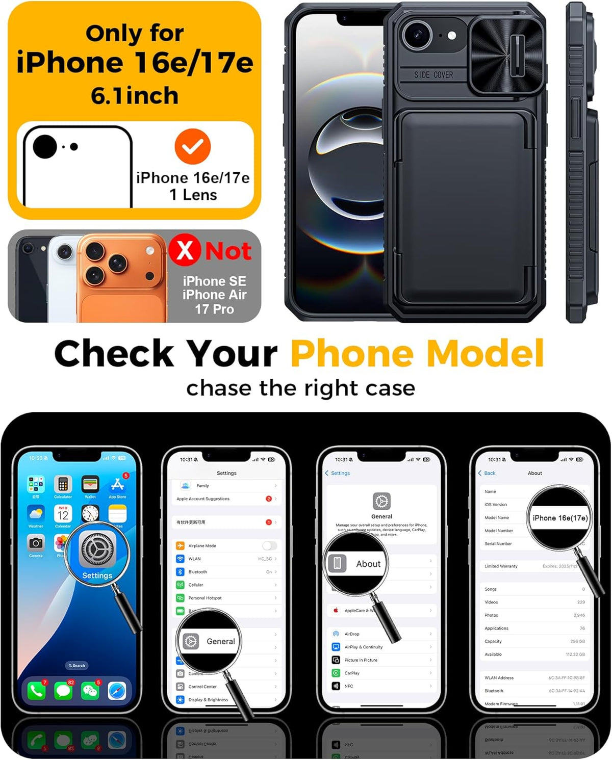 for iPhone 17e Case/iPhone 16e Case Wallet, Built-in Card Holder (4-5 Cards), RFID Blocking, Camera Control Button, Slide Camera Cover (Black)